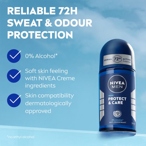 Roll-on deodorant voor 72 uur zweet- en geurdroging met NIVEA, geen alcohol, huidvriendelijke ingrediënten, dermatologisch getest.