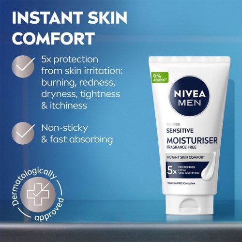 Nivea Men fuktighetskrem gir fem ganger beskyttelse mot hudproblemer, er klisjefri, rasktabsorberende og dermatologisk godkjent.