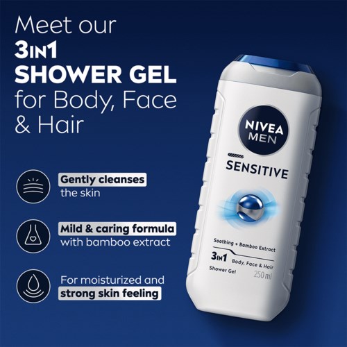 NIVEA Men Sensitive shower gel for body, face, and hair with bamboo extract, gentle, moisturizing, and strengthens skin.