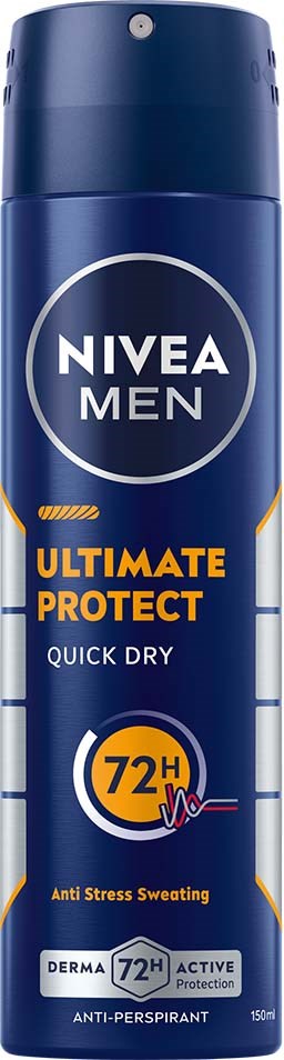 Nivea Men Ultimate Protect deodorant spray, 150ml, fights stress sweat, lasts 72 hours, quick dry, active protection.