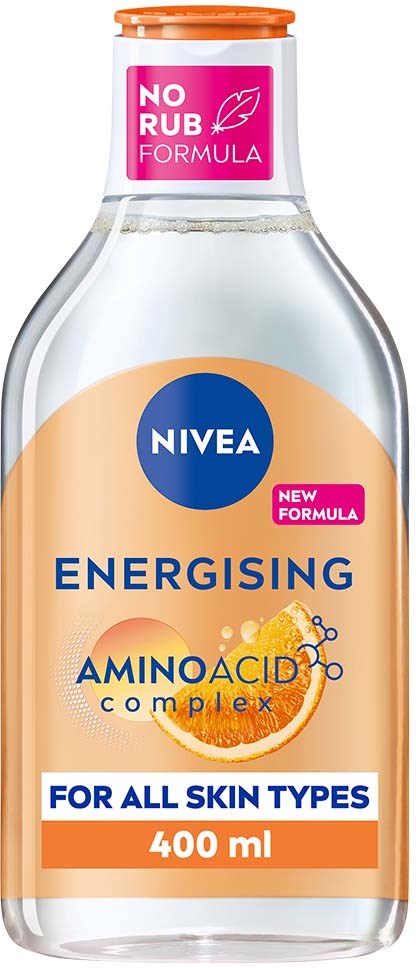 En flaska med Nivea hudvårdsprodukt med en persikoavbildning, märkt som energigivande aminosyrakomplex, lämplig för alla hudtyper.