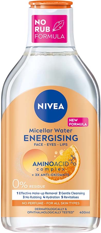 Nivea micellärt vatten för ansikte, ögon och läppar, utan att gnugga, med aminosyror och antioxidanter.