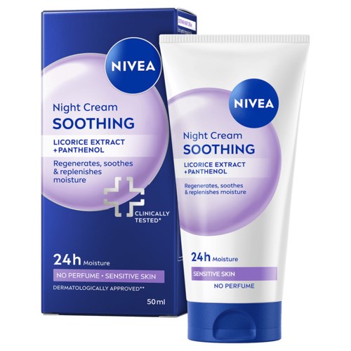 Nattkräm från Nivea, lugnande, med lakritsextrakt och panthenol, för känslig hud, återfuktar i 24 timmar, ingen parfym.