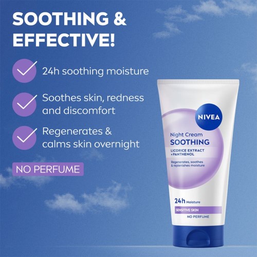 Nivea nattkräm lindrar hudrodnad, lugnar och ger 24 timmars fukt utan parfym.