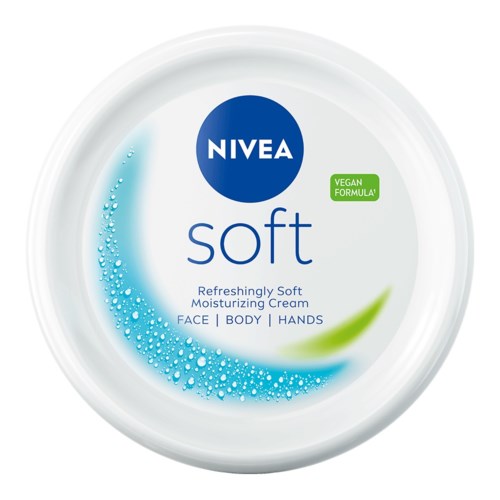Nivea-softkrämbehållare med blått och vitt etikett, nämner att den är för ansikte, kropp, händer och är vegansk.