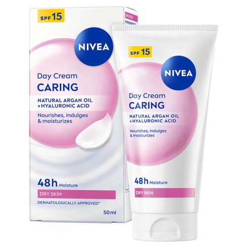 NIVEA Dagcrème Caring voor droge huid met SPF 15, bevat natuurlijke arganolie en hyaluronzuur, 50 ml.
