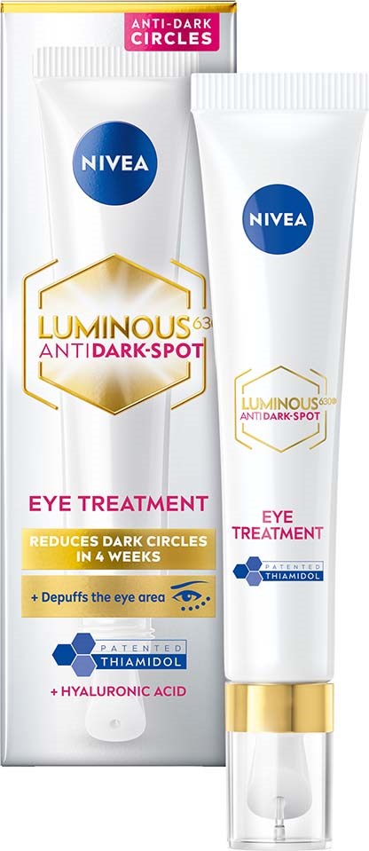 En Nivea øyepleie for å redusere mørke ringer med hyaluronsyre og thiamidol, i tube og eske.