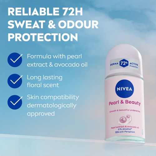 Nivea Pearl & Beauty deodorant lover langvarig friskhet, skånsom mot huden, med perlextrakt og avokadoolje.