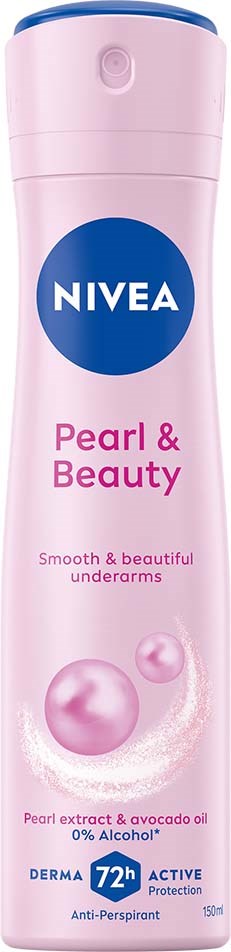 A pink bottle of Nivea Pearl & Beauty underarm product with pearls and avocado oil, providing 72-hour protection.