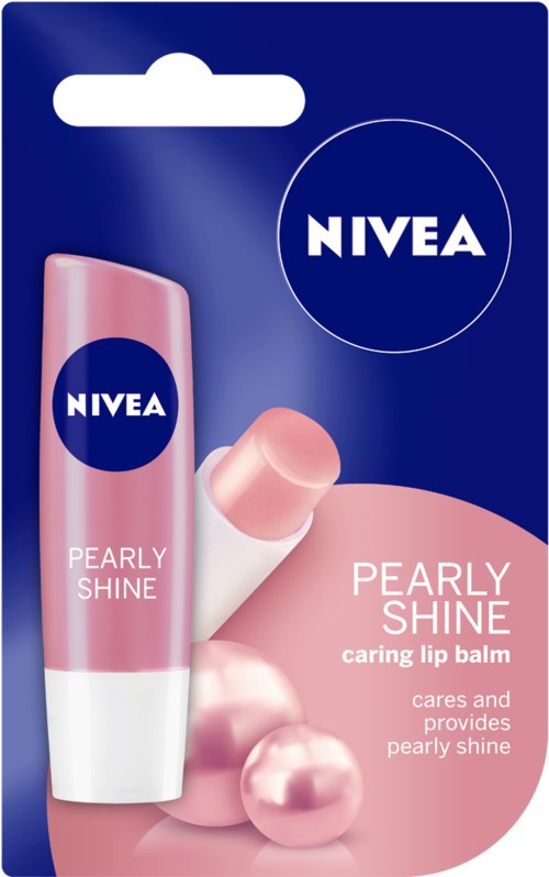 Ett Nivea läppbalsampaket i rosa och vitt, med en vårdande läppbalsam för glansiga läppar.