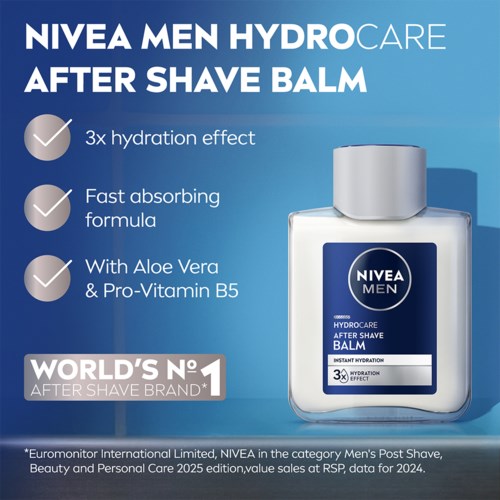Nivea Men Hydro Care After Shave Balm promotes hydration, absorbs quickly, and contains Aloe Vera and Pro-Vitamin B5.