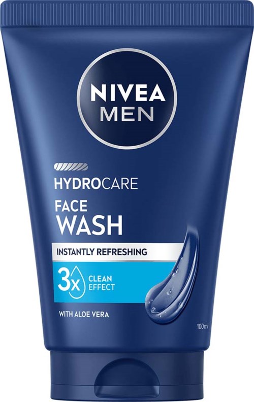 Nivea Men face wash tube, blue color, mentions aloe vera and deep cleansing effect.