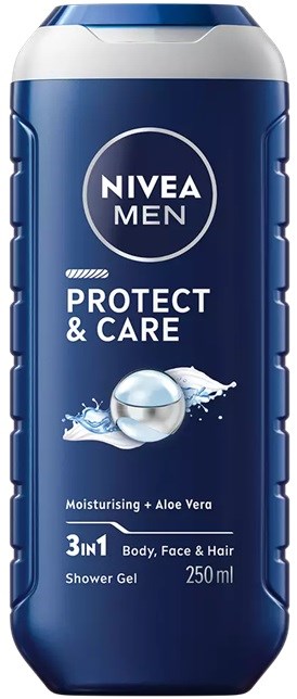 Een blauwe fles Nivea Men Protect & Care douchegel met aloë vera, 250 ml, voor lichaam, gezicht en haar.