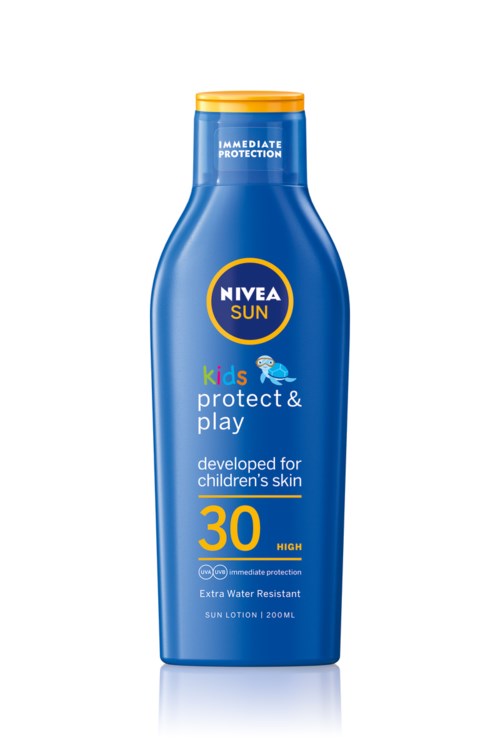 A blue bottle with yellow cap, labeled Nivea Sun Kids sunscreen, SPF 30, for children, water resistant and protective.