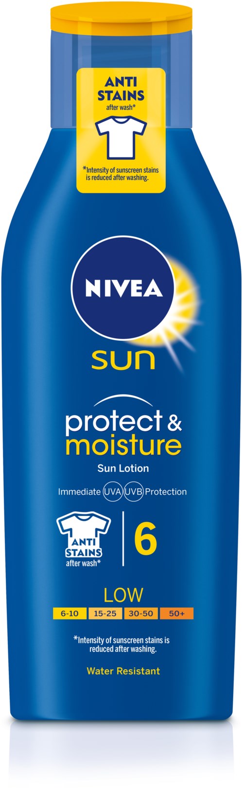 En blå flaska med Nivea Sun lotion med gul kork, märkt för solskydd och fukt, SPF 6.