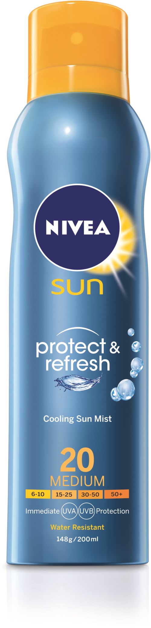 Blauwe sprayfles met gele dop, Nivea Sun, middelmatige zonbescherming, 200 ml.