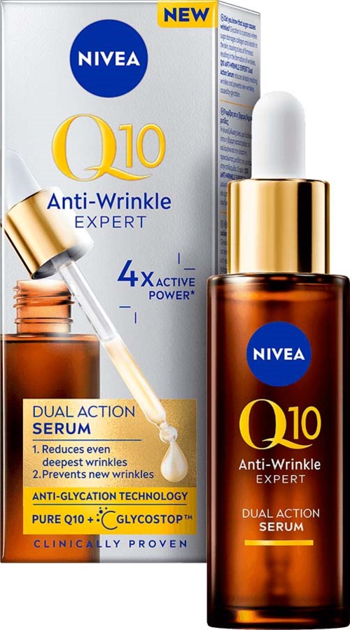 En flaske og boks med Nivea Q10 Anti-Wrinkle Expert serum med pipette, der fremmer anti-rynke fordele.