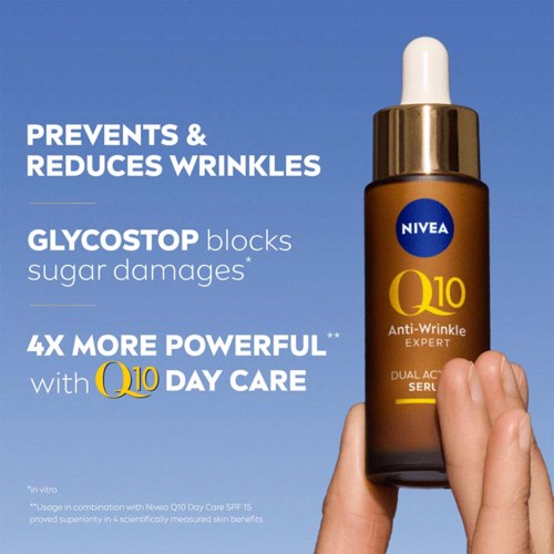 Nivea Q10 serum hjælper med at forhindre rynker, reducerer dem, blokerer sukkerskader og er fire gange mere effektivt med daglig brug.