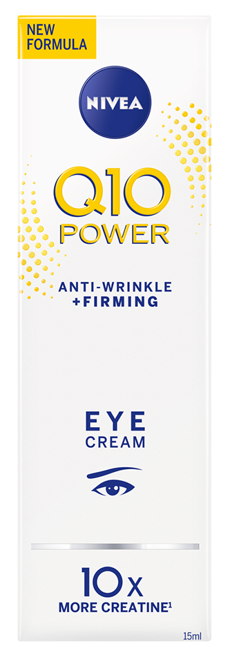 Eine weiße Packung Nivea Q10 Power Eye Cream mit gelbem und blauem Text, hebt Anti-Falten- und straffende Eigenschaften hervor.