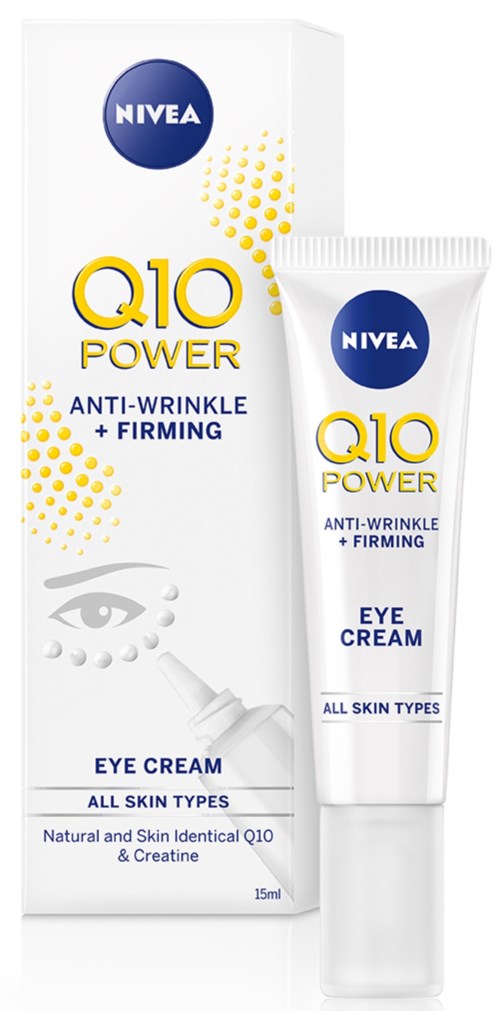 Eine Verpackung und Tube Nivea Q10 Power Augencreme für alle Hauttypen, gegen Falten und für Festigkeit.