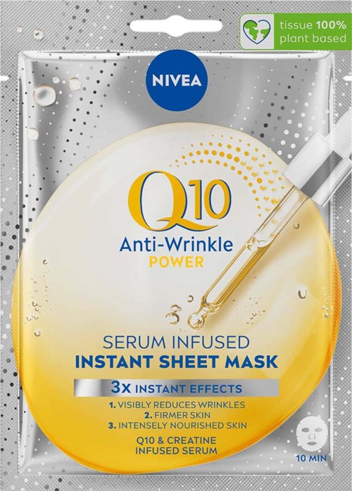 Anti-wrinkle sheet mask with serum, bright yellow and white packaging, contains Q10 and creatine, shows dropper, 10-minute use.