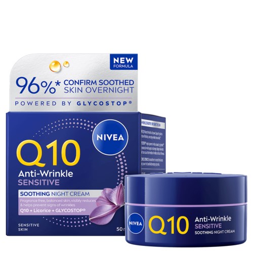 Nivea Q10 anti-wrinkle night cream with purple flower, blue container, and box showing 96% confidence in skin benefits.