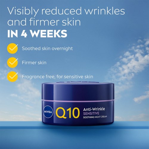Nivea Q10 night cream promises to reduce wrinkles and firm skin in 4 weeks.