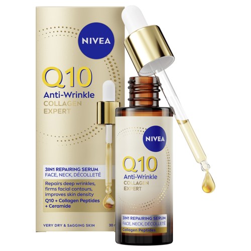 En hudplejerserserpampulje med dropper, mærket Q10 Anti-Wrinkle, mod tør og hængende hud.
