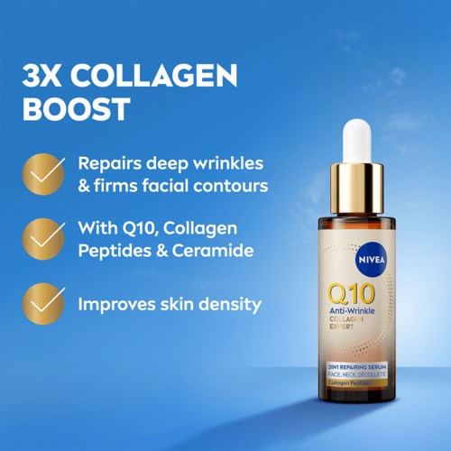 Annoncere for Niveas Q10 Anti-Wrinkle serum, der fremhæver fordele som at reducere rynker, stramme huden og forbedre hudens tæthed.
