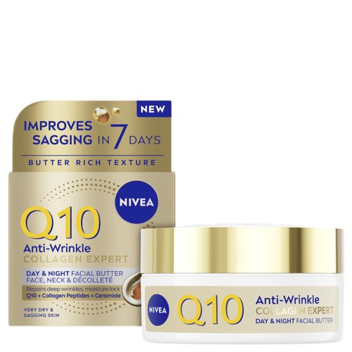 En Nivea Q10 anti-rynge ansigtscreme i guldbeholder, lover forbedring af huden på 7 dage med en rig smøragtig tekstur.
