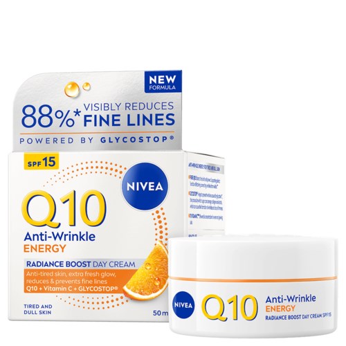 Nivea Q10 anti-rynke dagcreme med SPF 15, appelsindoft, 50 ml, reducerer fine linjer, giver energi til huden.