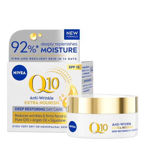 Nivea Q10 anti-wrinkle cream in a white and gold jar with blue label, with packaging box beside it. It promotes skin care.