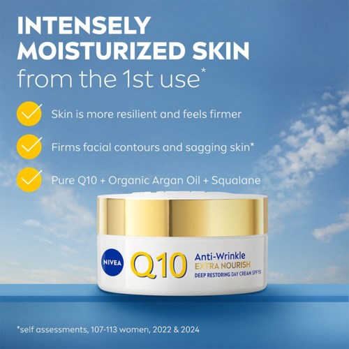 Nivea Q10 cream claims to hydrate skin, reduce wrinkles, and improve skin strength with natural ingredients.