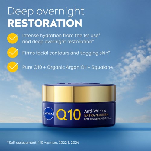NIVEA Q10 night cream jar, blue and gold, with text about deep hydration, firming skin, and organic ingredients.