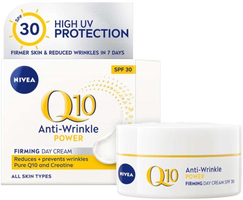 Detta är ett hudkrämspaket med SPF 30, innehållande Q10, anti-wrinkle power, och hävdar att det minskar och förhindrar rynkor.
