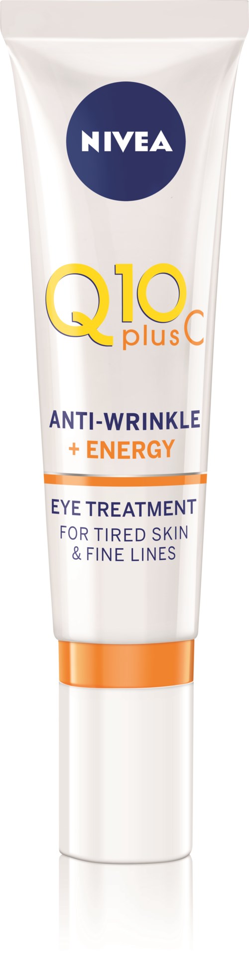 A tube of Nivea Q10 Plus Eye Treatment for tired skin and fine lines, with anti-wrinkle and energy features.