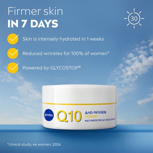 Nivea Q10 creme lover faster hud på 7 dage, minimerer rynker, giver fugt og har SPF 30 beskyttelse.
