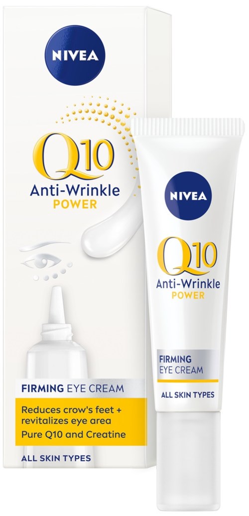 Nivea Q10 Anti-Wrinkle Power ögonkräm och förpackning som visar fördelar för hud och ögon.