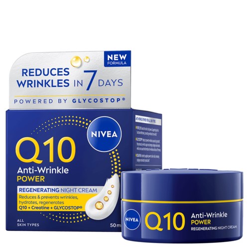 Nivea Q10 anti-wrinkle power cream for night, in yellow and blue packaging, claims to reduce wrinkles quickly.