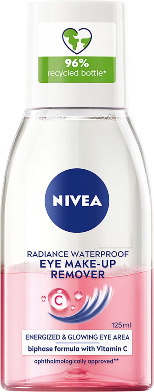 Nivea vedenpitävä silmämeikinpoistoainepullon, valkoinen korkki, vihreä etiketti ja pinkki neste sisällä.