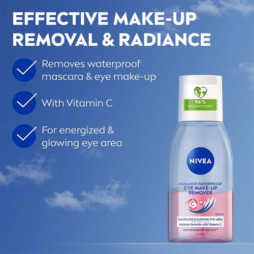 Nivea silmämeikinpoistoaine pullo taivastaustalla.