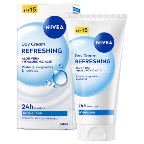 A Nivea day cream in a tube and box, with SPF 15, aloe vera, hyaluronic acid, and claim to protect and hydrate skin.