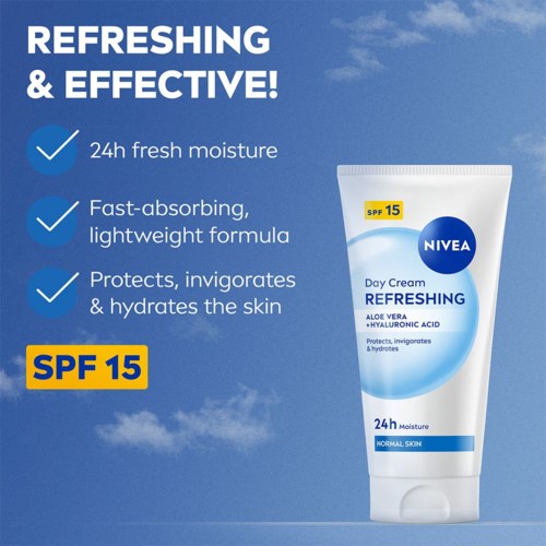 Nivea day cream with SPF 15, claims to be refreshing, moisturizing, and protects skin.