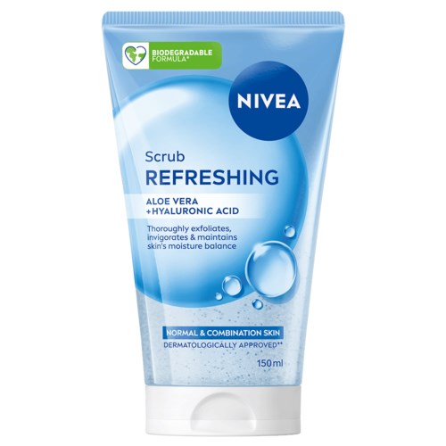 A blue and white tube of Nivea Refreshing Scrub with aloe vera and hyaluronic acid, for normal skin. Fully labeled.