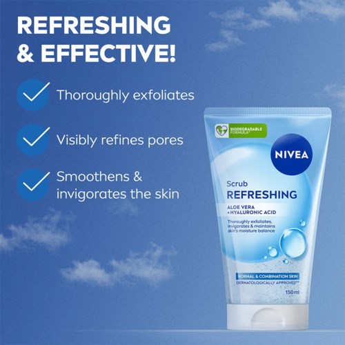 Nivea scrub refreshes skin, refines pores, and smooths skin with aloe vera and hyaluronic acid.