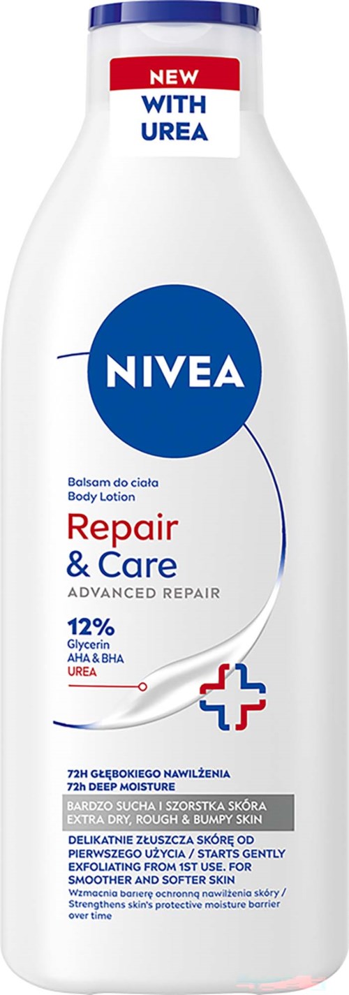 Nivea Repair & Care Körperspender mit blauer und weißer Verpackung, 12% Glycerin für fortgeschrittene Reparatur.