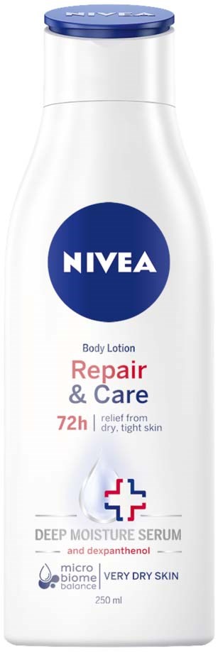 A white bottle with a blue cap, NIVEA logo, and red text for repair and care lotion. Contains deep moisture serum.