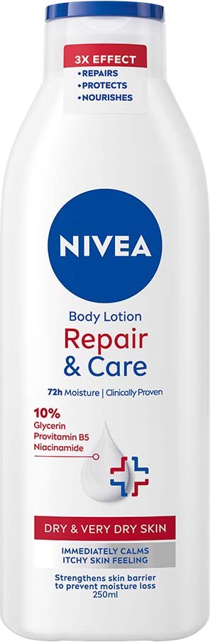 Nivea Repair & Care body lotion for very dry skin, 250ml, helps with moisture and skin protection.