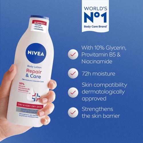A hand holds a Nivea repair and care body lotion bottle, with text highlighting benefits like moisture and skin protection.
