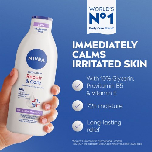Nivea kropps lotion för torr, känslig hud som lugnar och lindrar irritation med fukt och vitaminer.